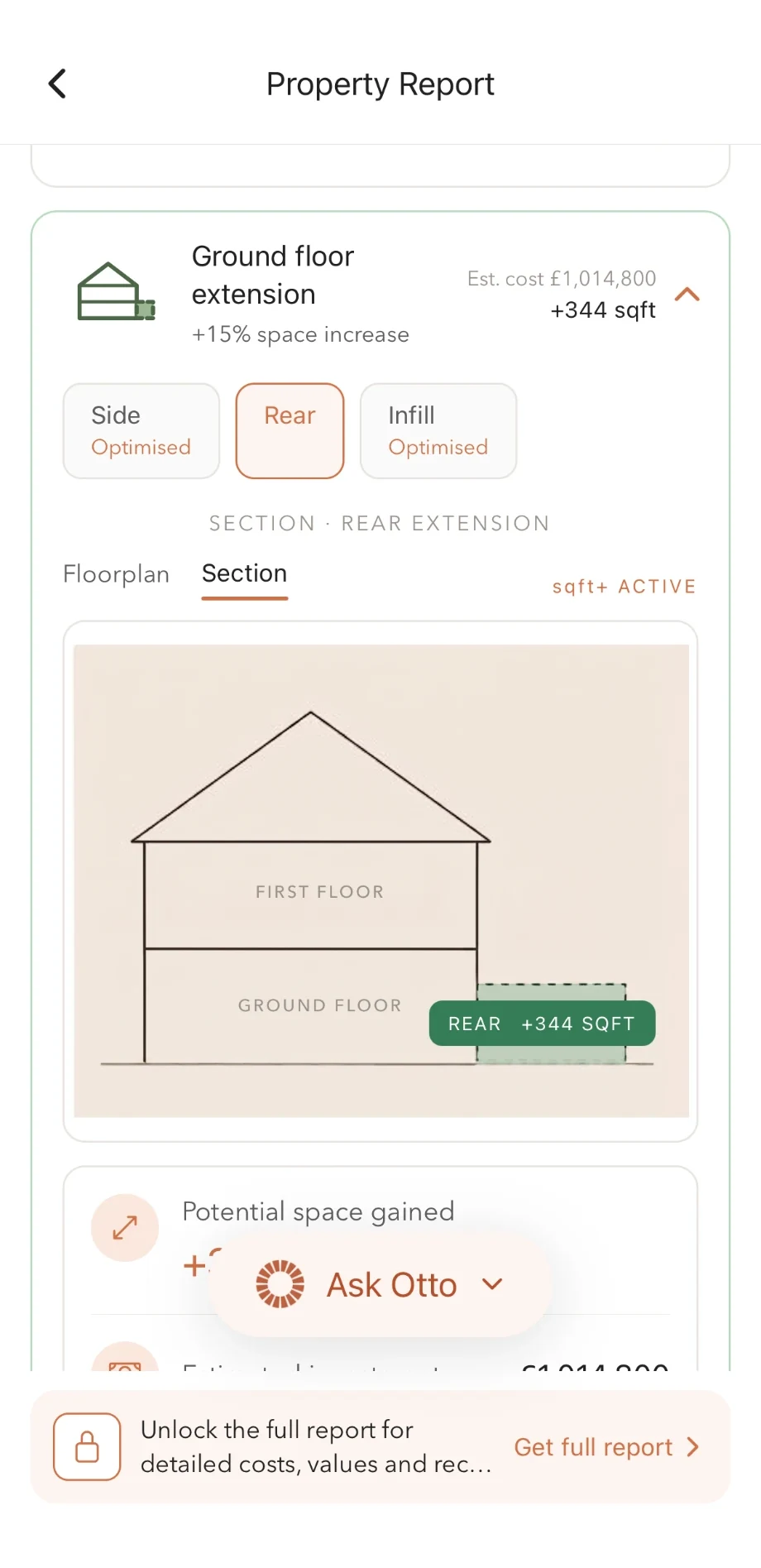 SQFT+ rear extension option showing +344 sq ft on a section drawing with an estimated cost