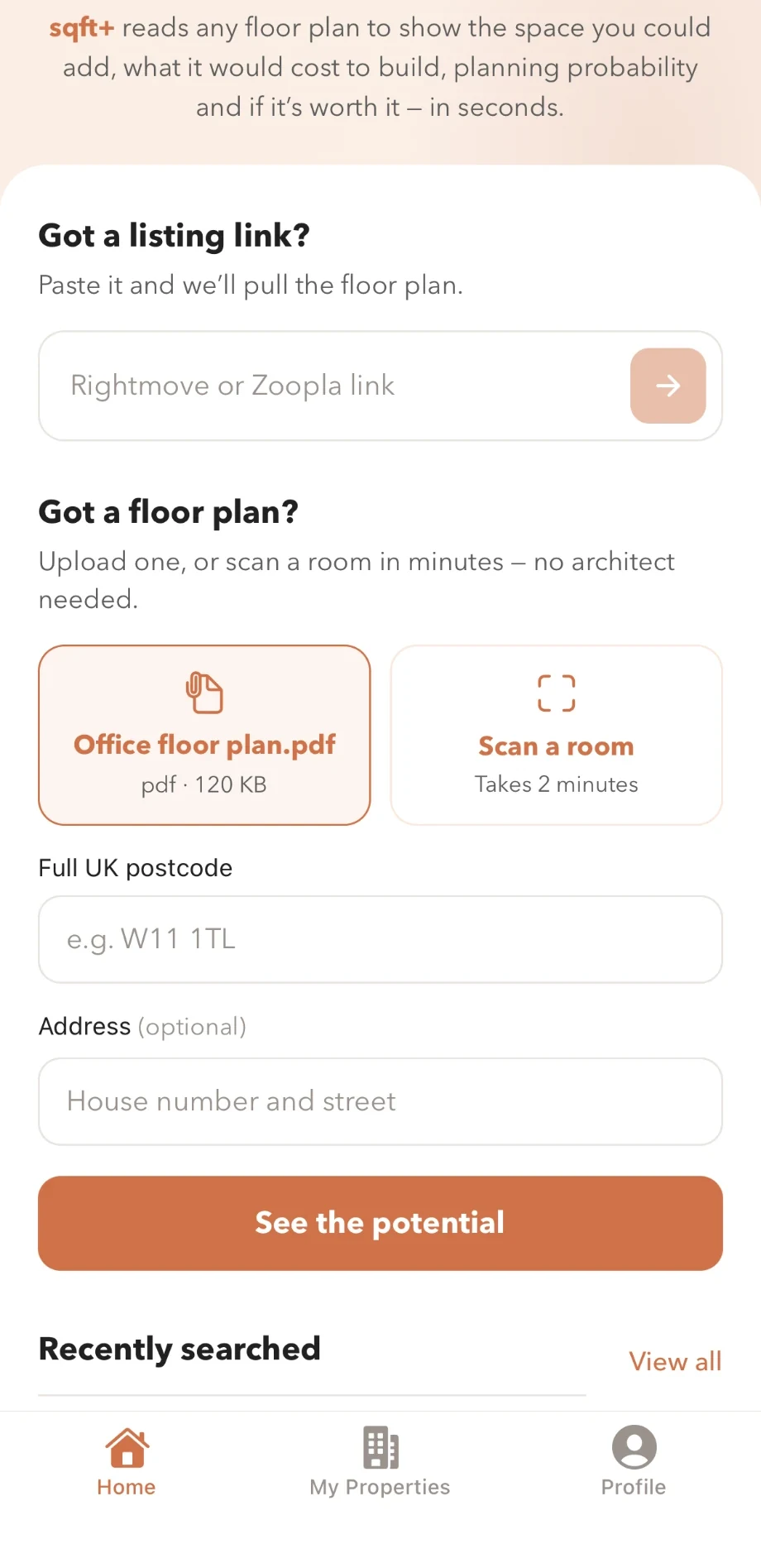 SQFT+ app home screen: paste a Rightmove or Zoopla link, upload a floor plan or scan a room